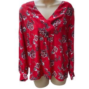 LOFT Red Floral Women's Blouse button sleeve crossover neck S Sheer flowy